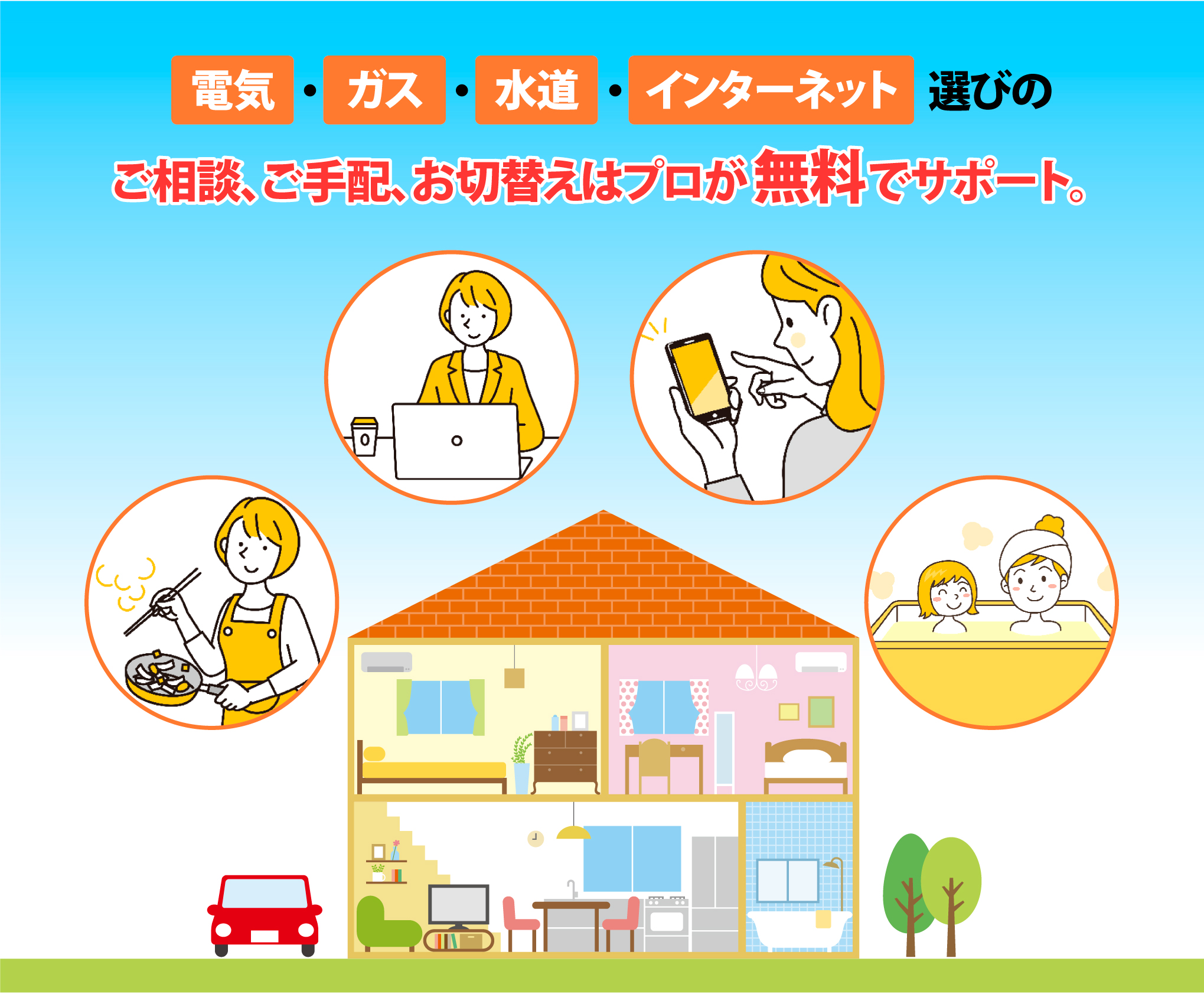 電気・ガス・水道・インターネット選びのご相談、ご手配、お切替えはプロが無料でサポート。