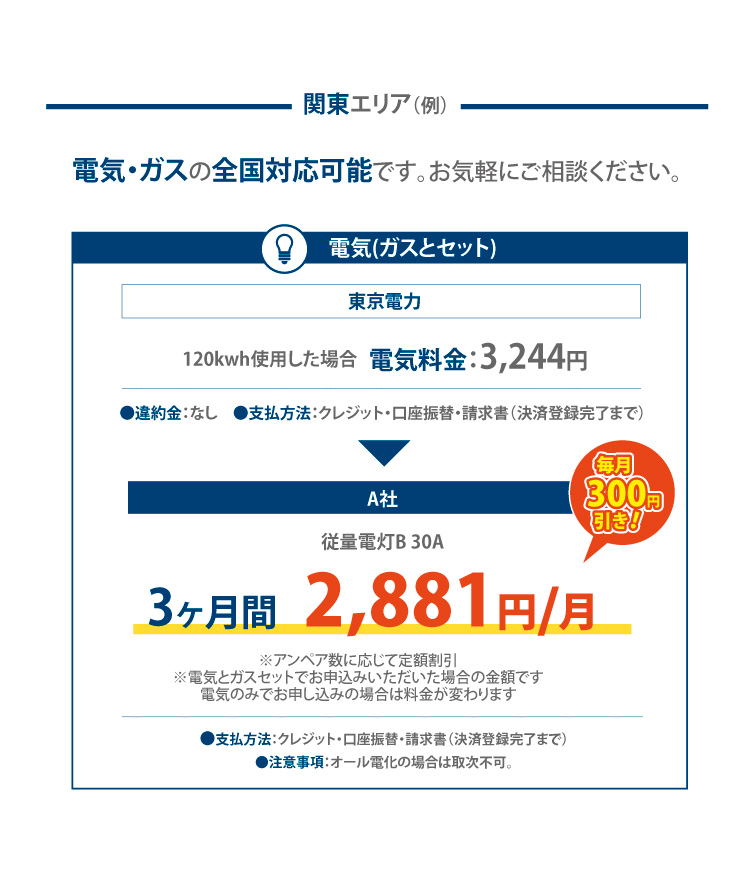 関東エリア例　電気のみご案内の料金例　お気軽にご相談ください